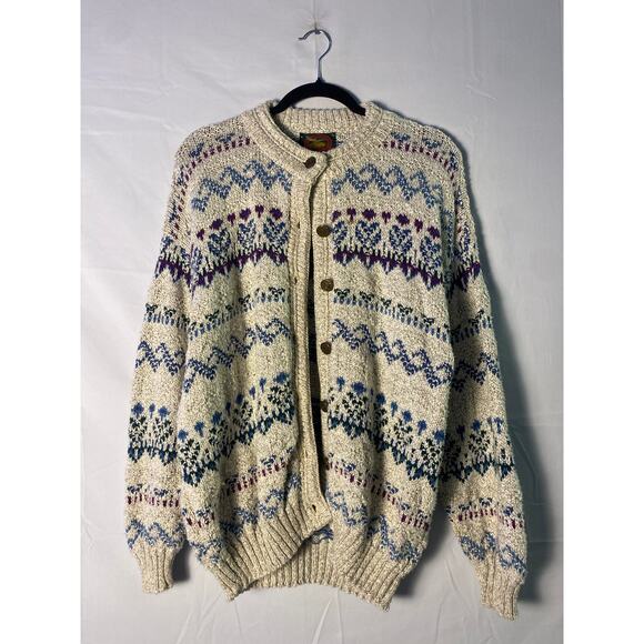 ALPS Cream Blue Fair Isla Patterned Chunky Knit Winter Button Front Cardigan XL - Picture 1 of 5